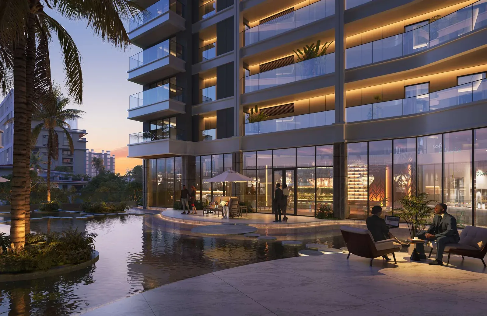 Balkis Riverside lobby and water garden at dusk